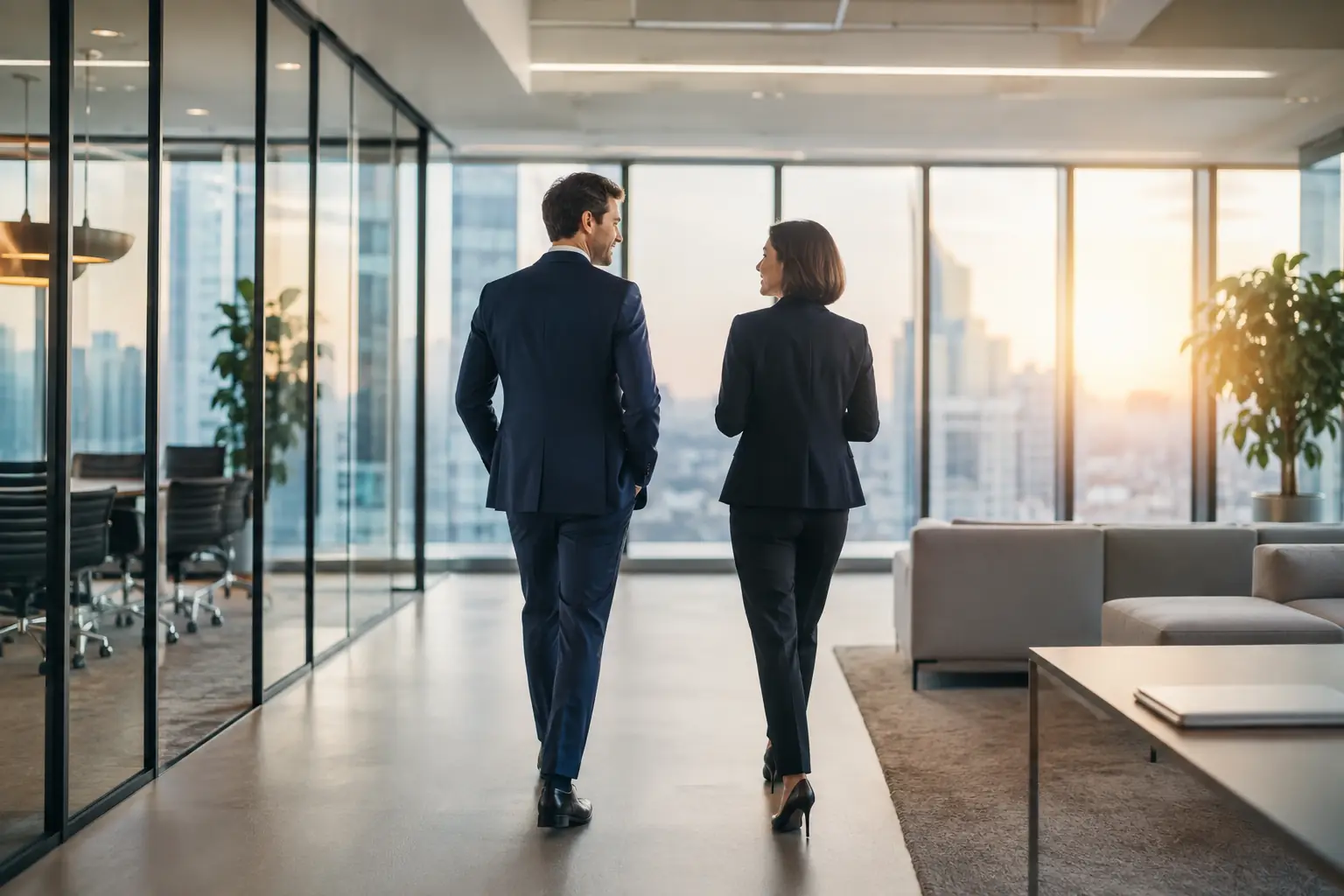 Two Contextral professionals walking together through a modern office